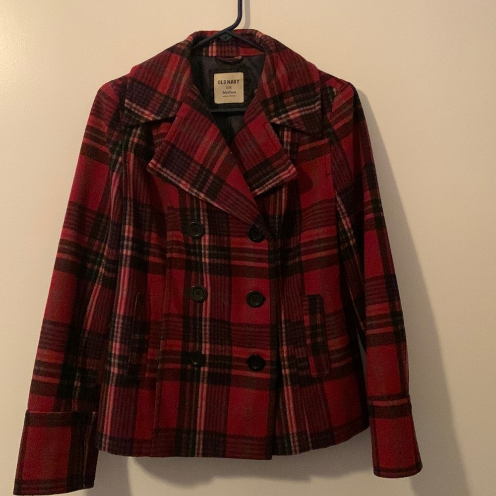 Red and black plaid pea coat size adult M